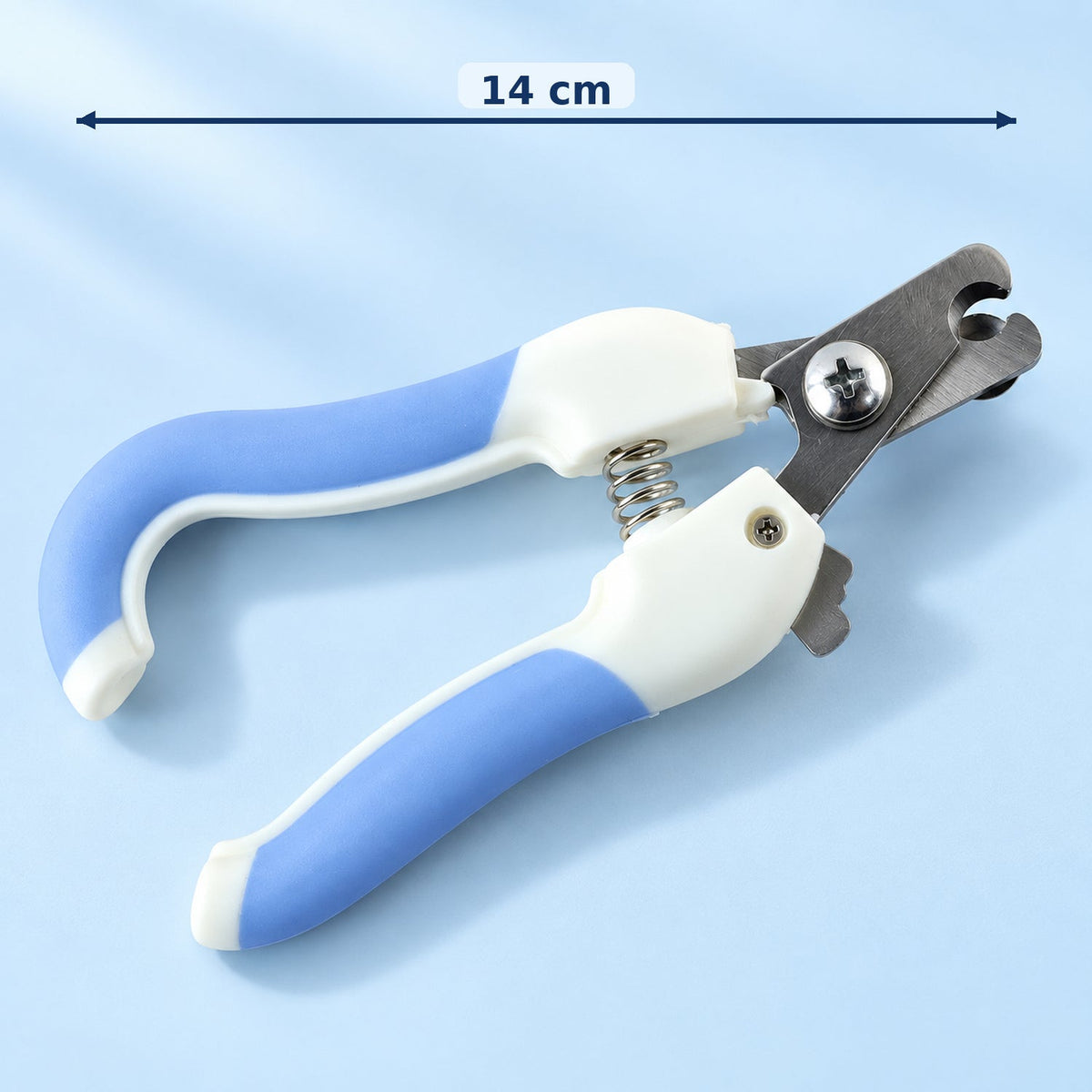 A blue and white pet nail clipper with a metal cutting head and spring, showing a 14 cm measurement.