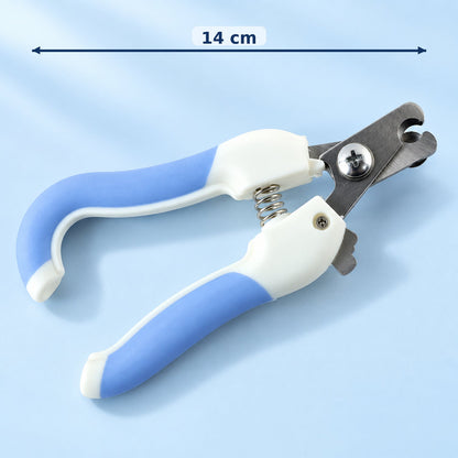 A blue and white pet nail clipper with a metal cutting head and spring, showing a 14 cm measurement.