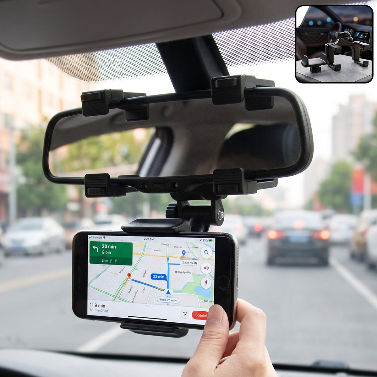 A black car phone mount attached to a rear view mirror, holding a smartphone displaying a navigation app.