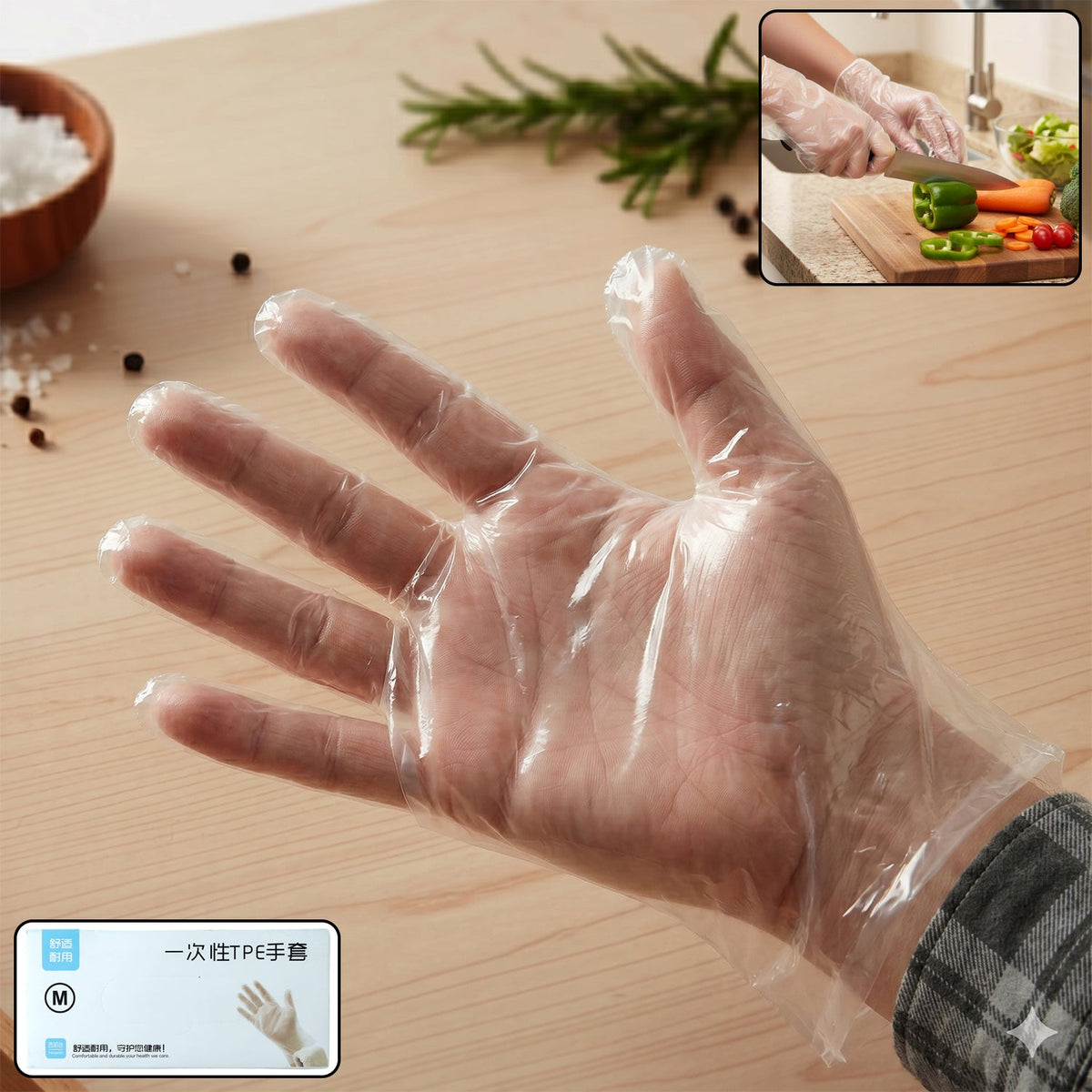 A hand wearing a clear plastic glove, with a small inset showing gloved hands chopping vegetables.