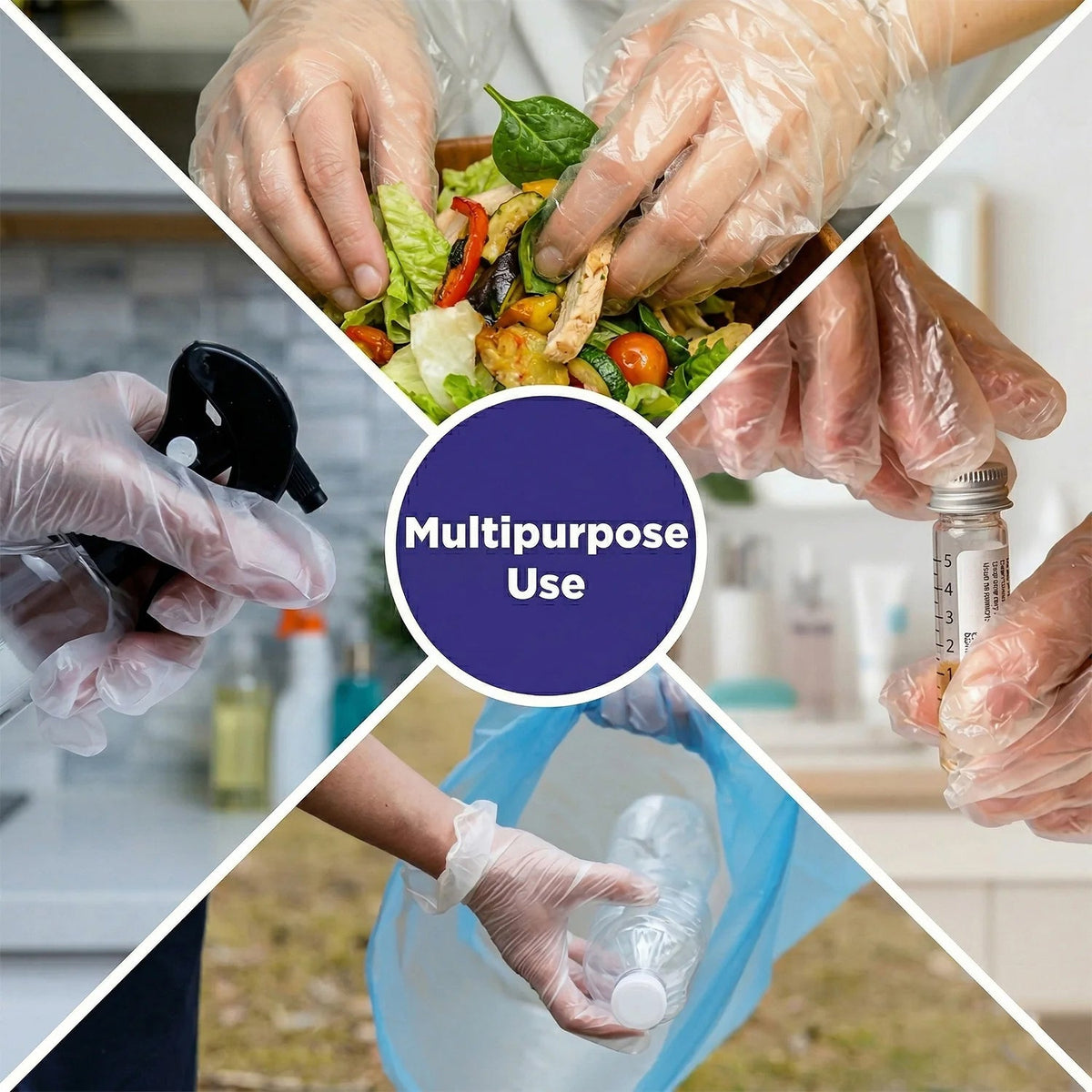 A collage of four images showing hands in clear gloves performing various tasks like mixing salad and handling a bottle.