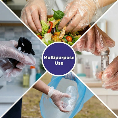 A collage of four images showing hands in clear gloves performing various tasks like mixing salad and handling a bottle.