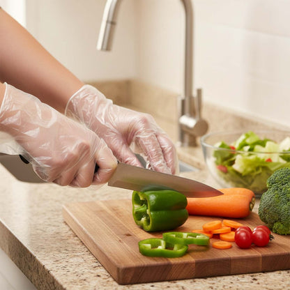 Hands wearing clear plastic gloves chopping green bell pepper and carrots on a wooden cutting board.