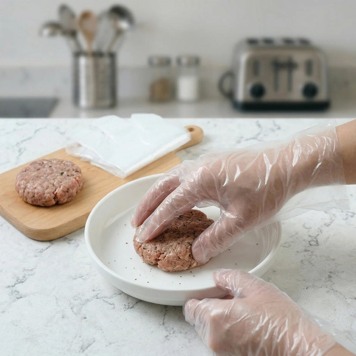 Hands wearing clear plastic gloves preparing raw hamburger patties in a white bowl on a marble counter.