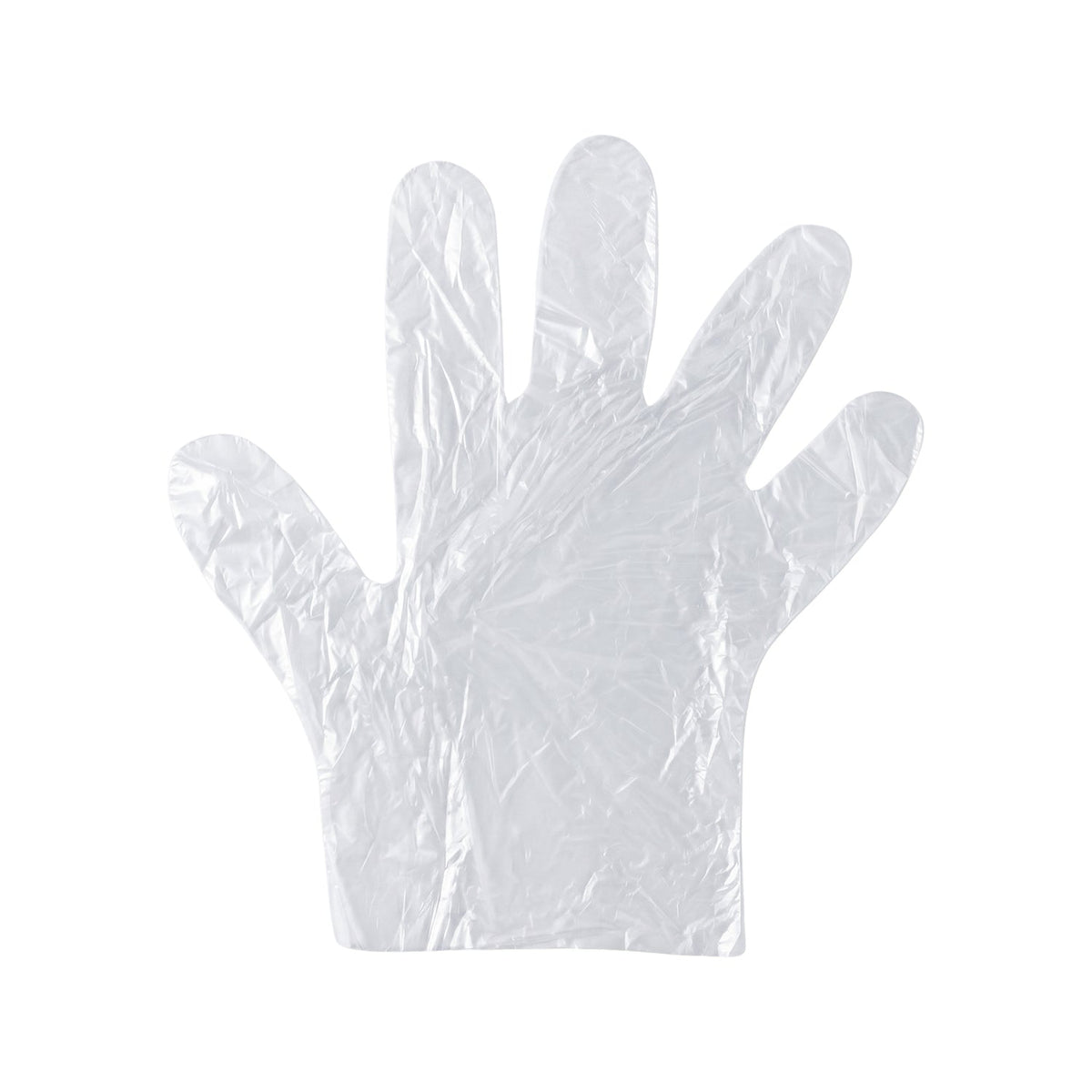 A single clear, crinkled plastic glove laid flat against a white background.