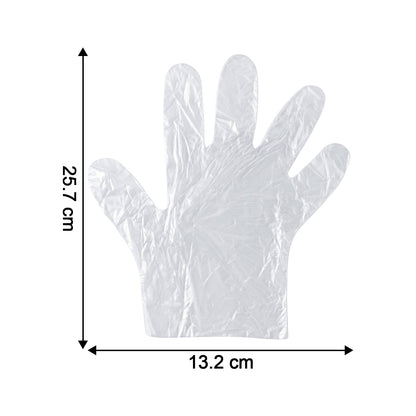 A clear plastic glove laid flat with dimensions of 25.7 cm length and 13.2 cm width indicated.