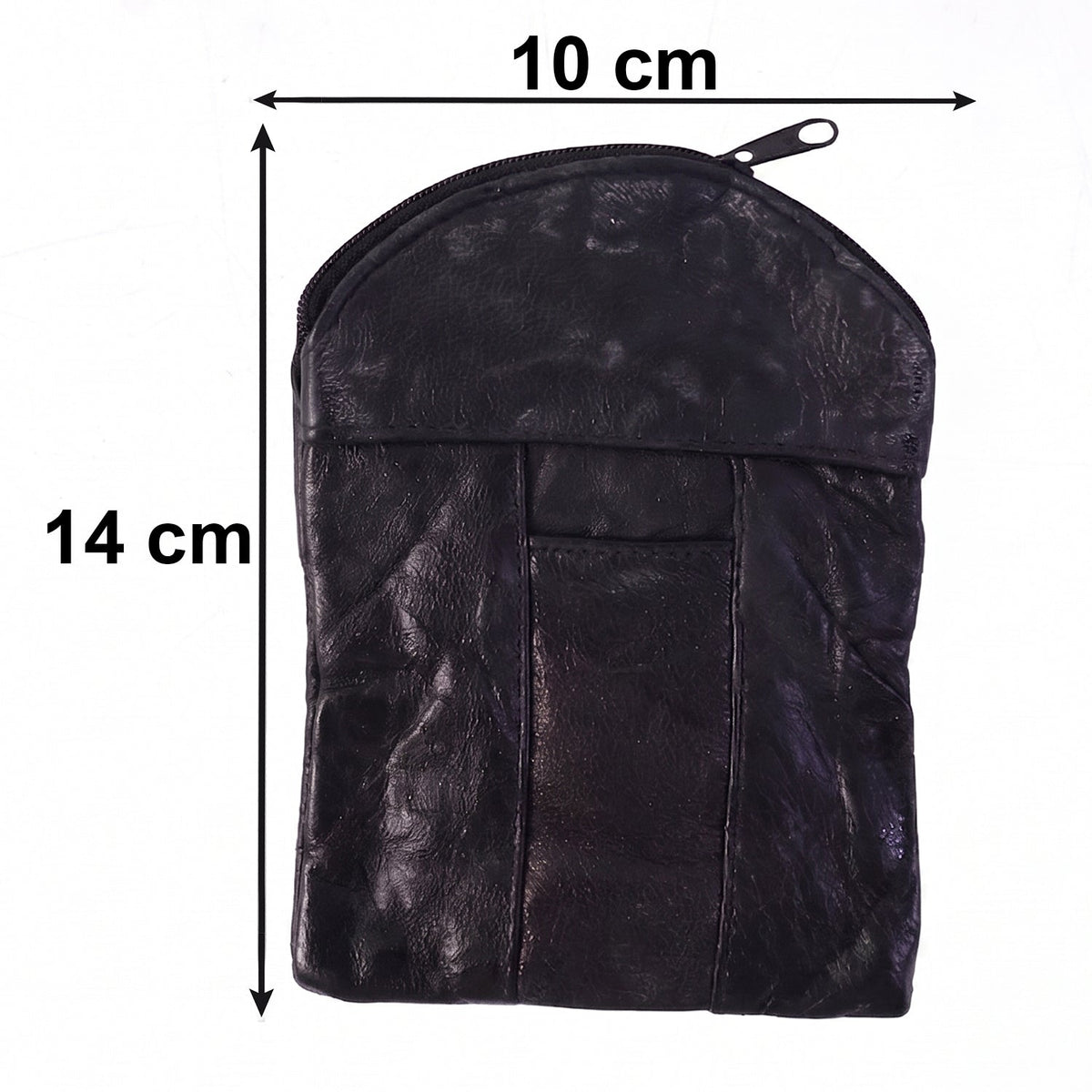 A black leather pouch with dimensions of 10 cm width and 14 cm height indicated by arrows.