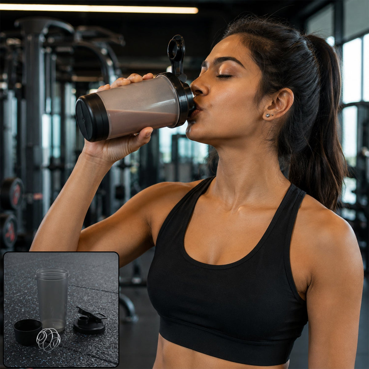 A woman in a black sports bra drinks from a grey and black shaker bottle in a gym, with an inset of the disassembled bottle