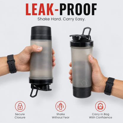 Two hands hold grey and black shaker bottles, one upright and one inverted, with "LEAK-PROOF" text and three feature icons