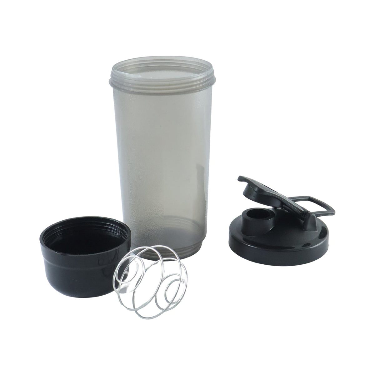 A disassembled grey and black shaker bottle with a metal whisk is arranged on a white background.