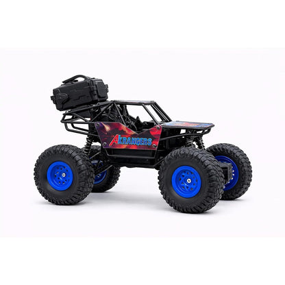 A black remote control rock crawler with red and purple decals and blue wheel hubs is shown from the side on a white