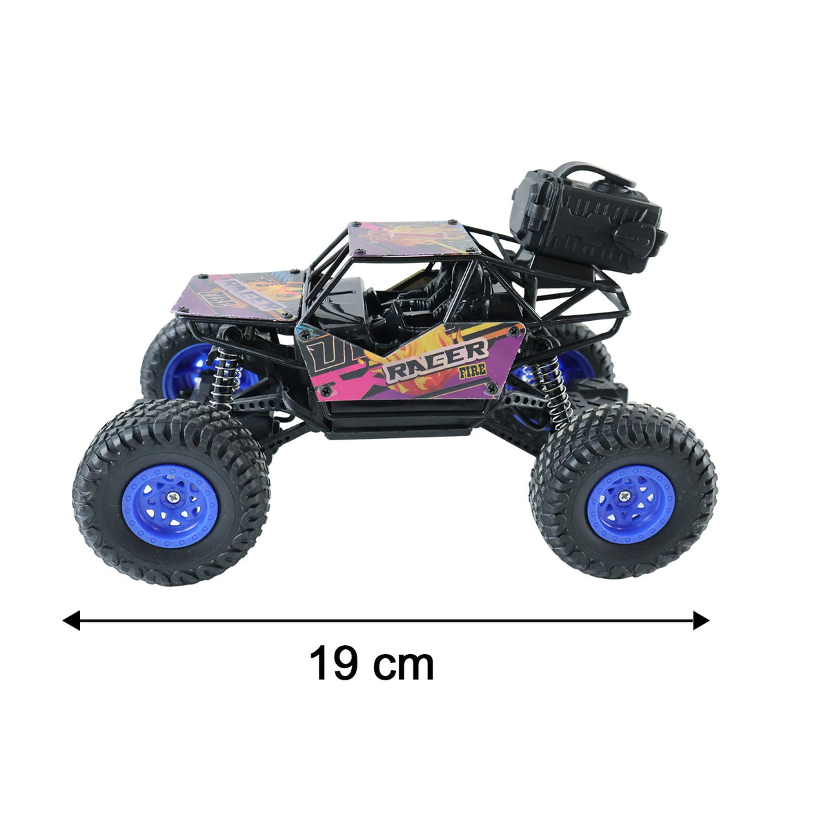A black and purple remote control rock crawler with blue wheel hubs is shown from the side with a 19 cm measurement below it.
