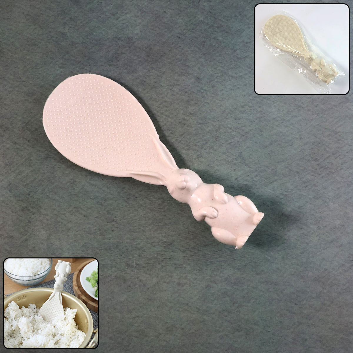 A pinkish-beige bunny-handled rice spoon lies on a dark gray surface; insets show it wrapped and scooping rice.