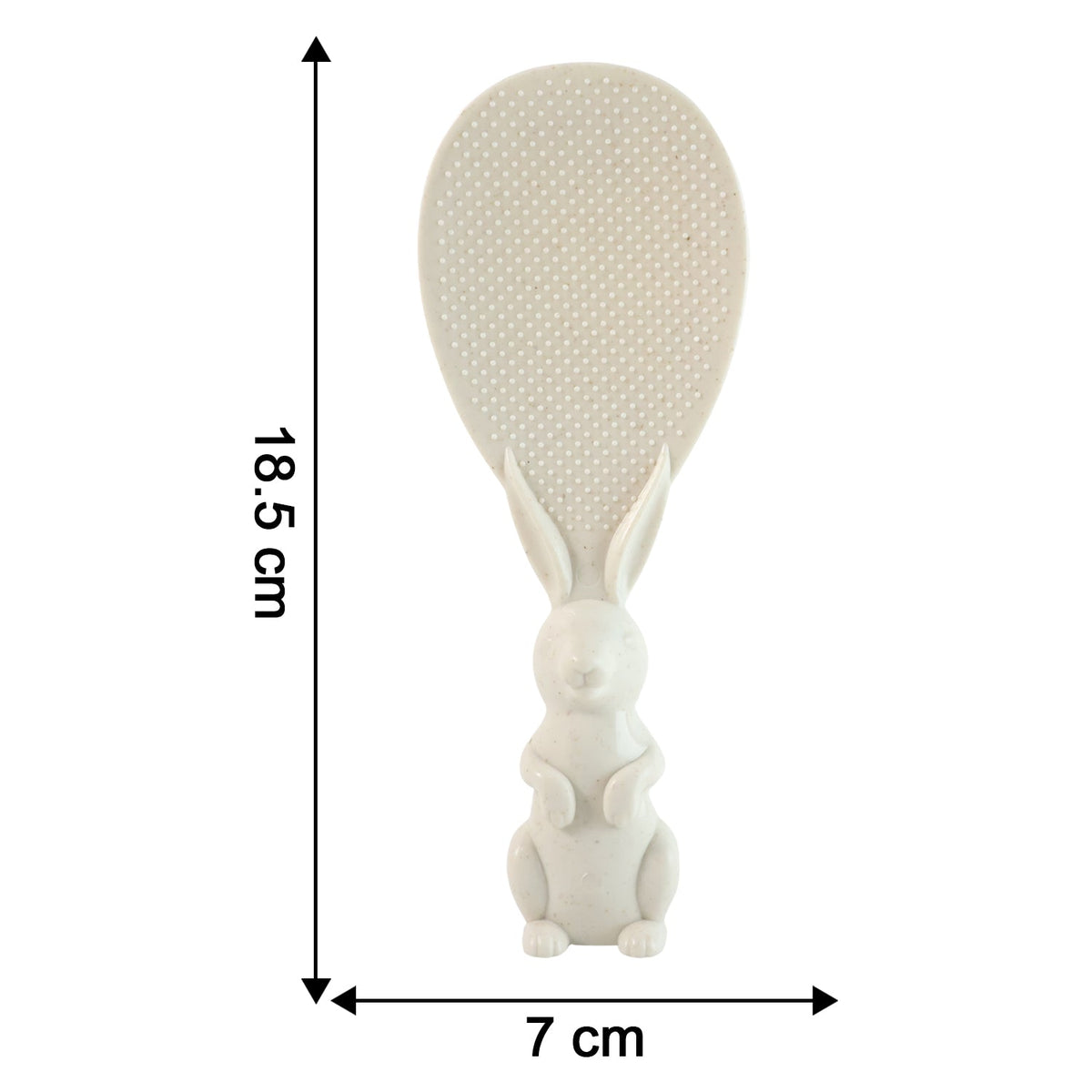 A white bunny-handled rice spoon is displayed with dimensions indicating its height of 18.5 cm and width of 7 cm.