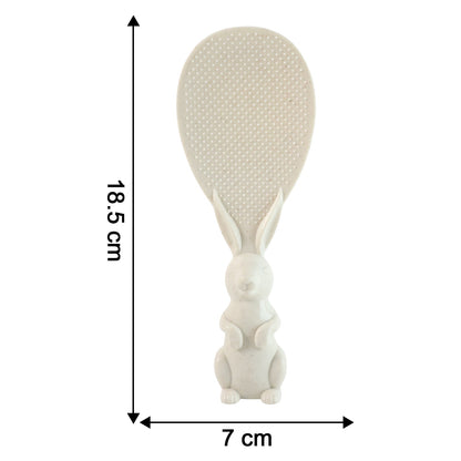 A white bunny-handled rice spoon is displayed with dimensions indicating its height of 18.5 cm and width of 7 cm.