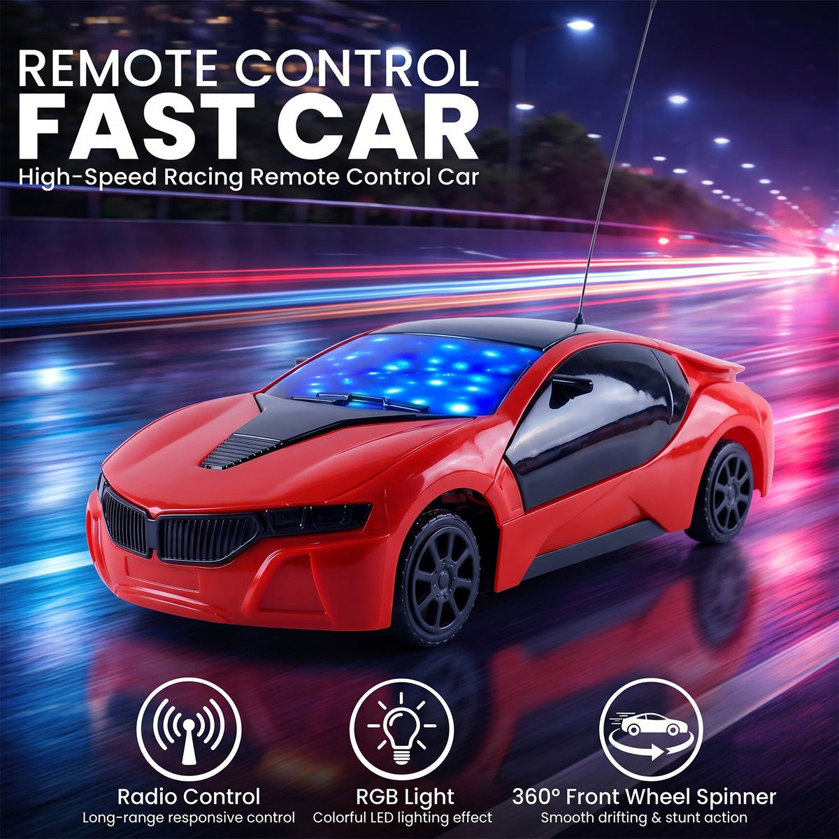 A red remote control car with blue and red lights on its roof and headlights, shown against a blurred background of city
