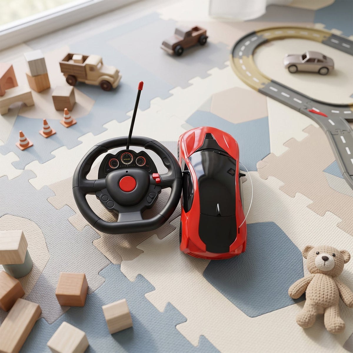 A red remote control car and its steering wheel controller sit on a playmat with toy blocks and other small cars.