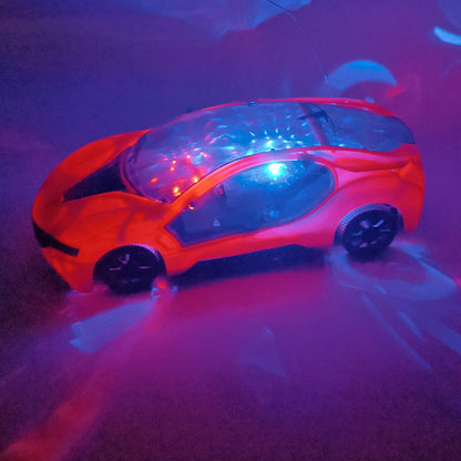 A red remote control car with a clear roof projects blue and red lights onto a dark surface.