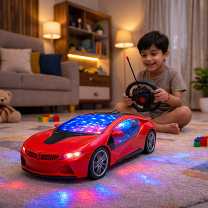 A young boy smiles while playing with a red remote control car that projects colorful lights onto the carpet.