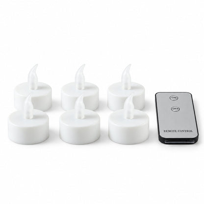 Six white LED flameless candles with clear plastic flames and a gray remote control on a white background.