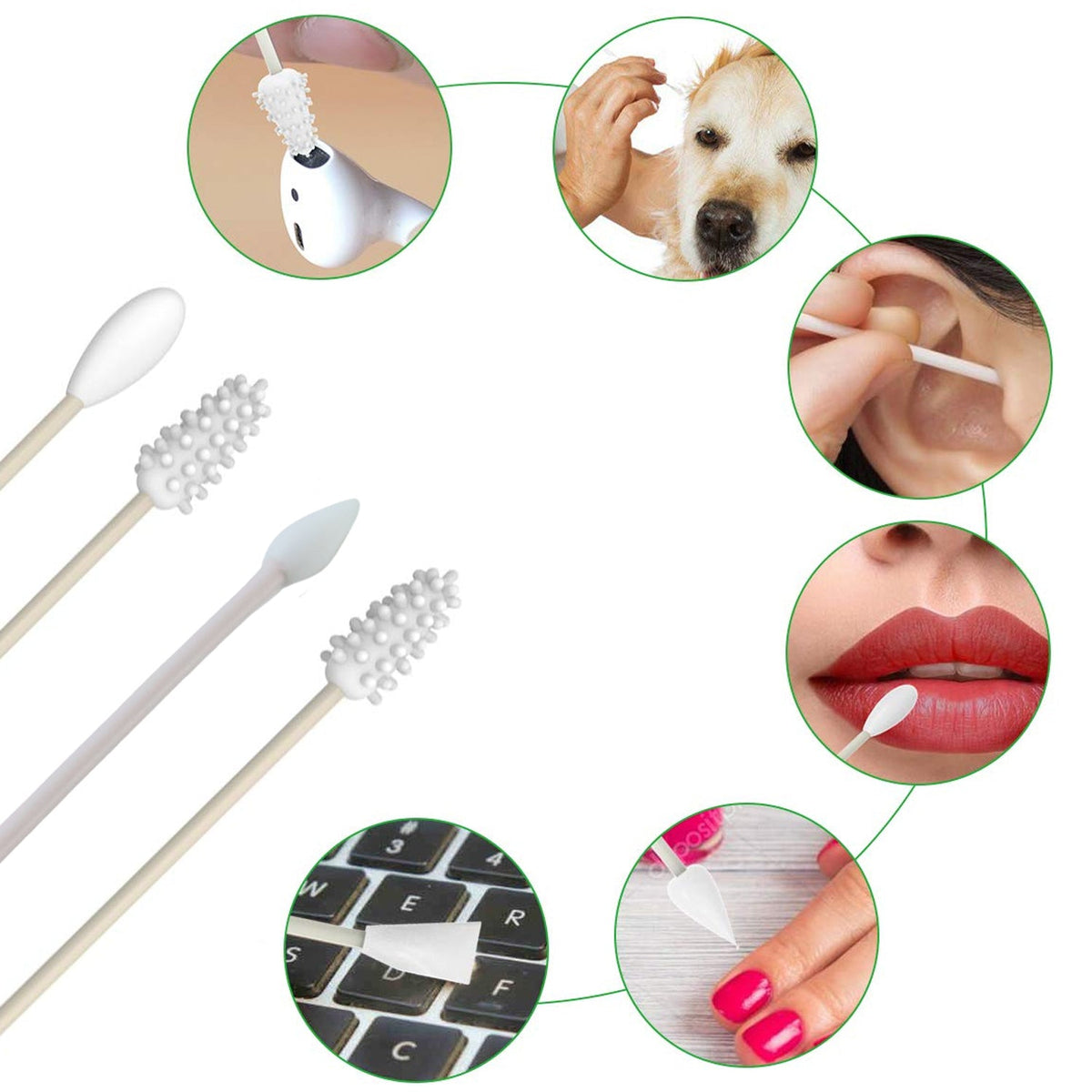 Various uses for reusable silicone swabs, including ear cleaning, pet grooming, makeup application, and keyboard cleaning.