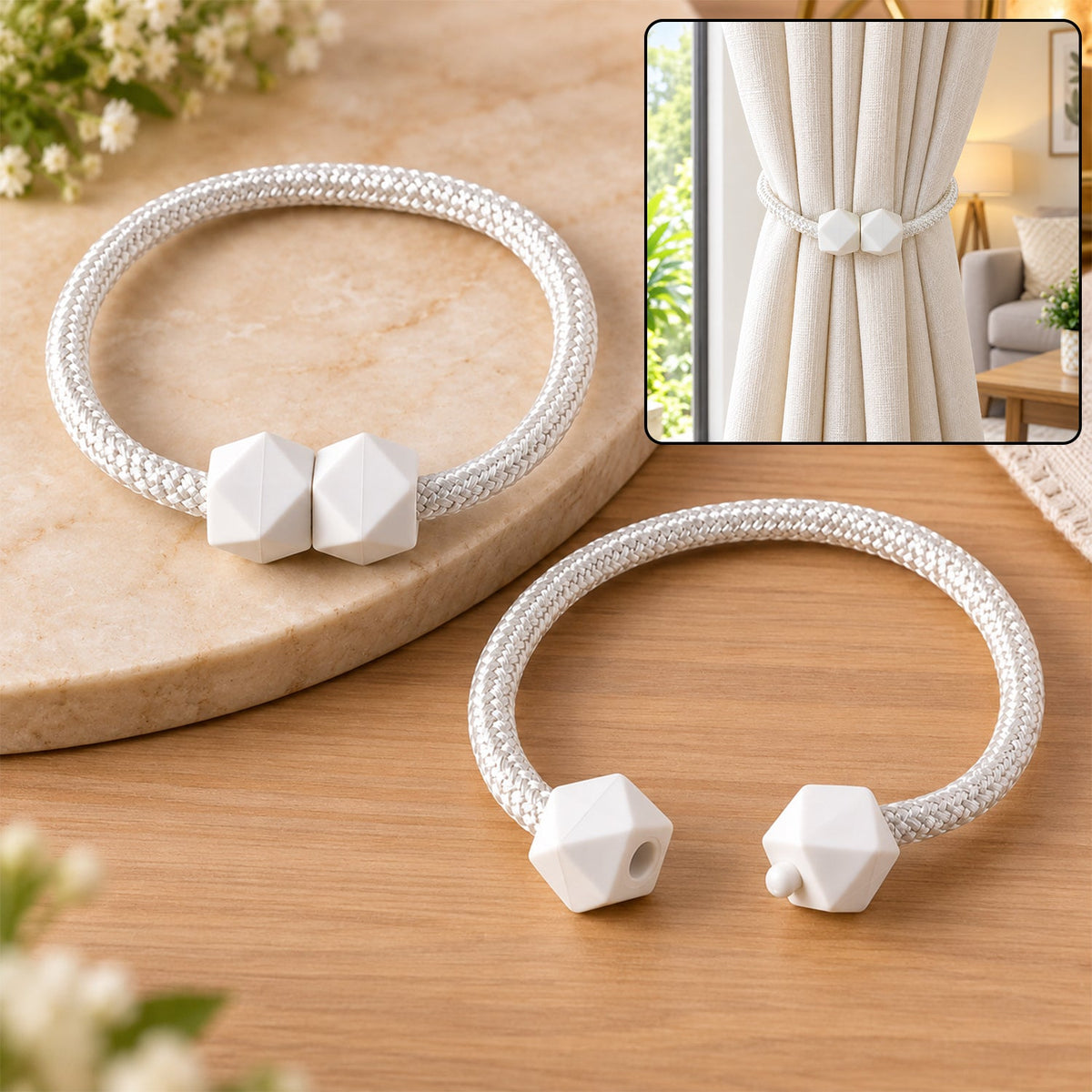 Two white braided rope curtain tiebacks with geometric white plastic fasteners, one shown in use on a curtain.