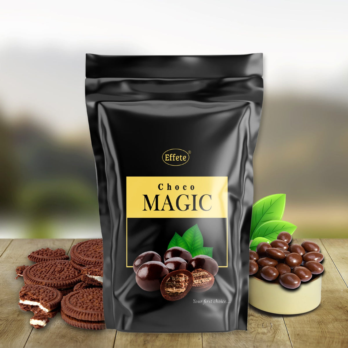 Close-up of Effete Choco Magic Crunchy Chocolate Bites, showcasing texture.