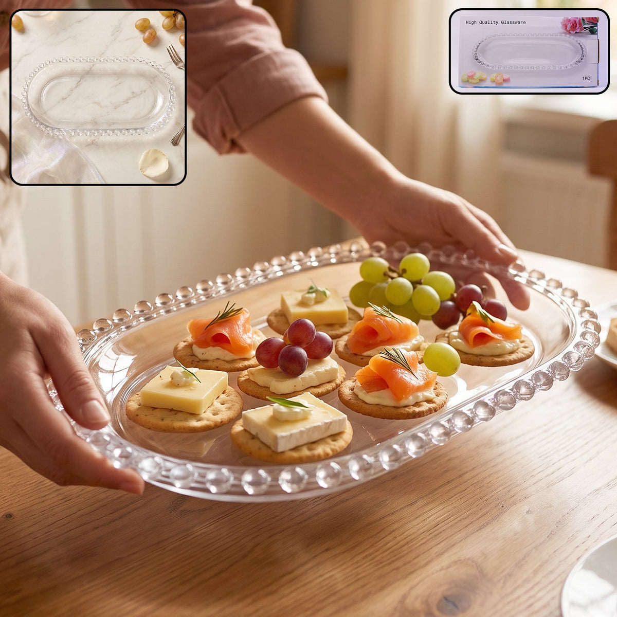 A person holds a clear oval glass tray filled with crackers topped with cheese, salmon, and grapes.