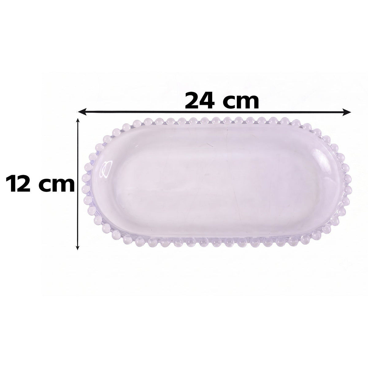 A clear oval glass tray with a beaded edge displays its dimensions: 24 cm length and 12 cm width.