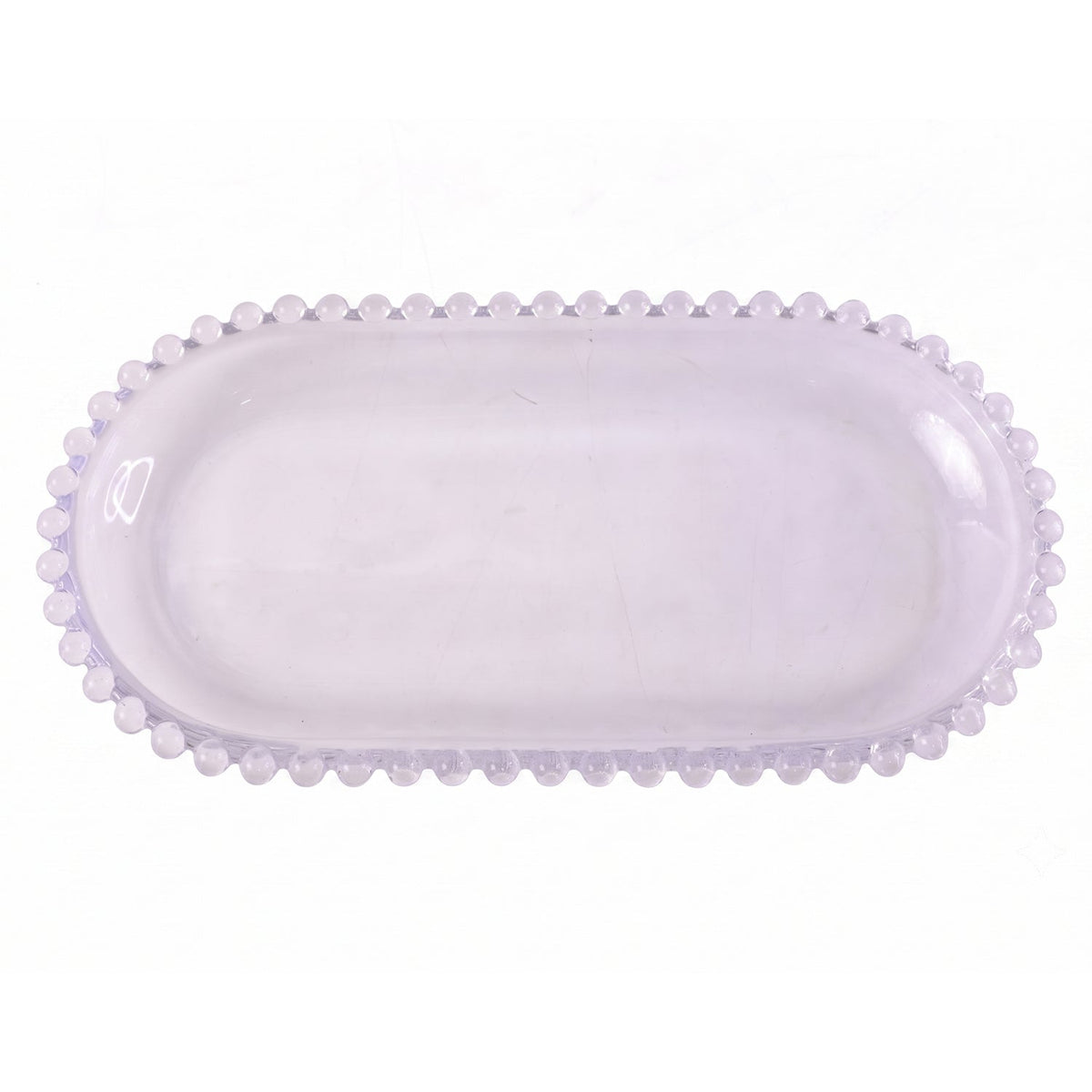 A transparent oval glass tray with a textured beaded border is shown on a plain white background.