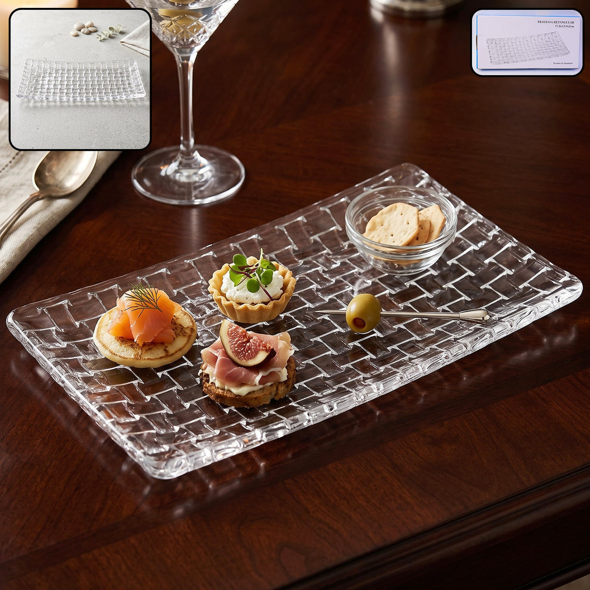 Clear glass rectangular serving tray with a basketweave texture, holding appetizers and a small bowl of crackers.