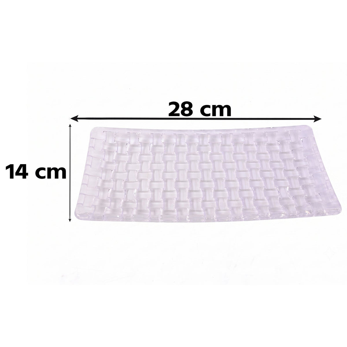Transparent glass platter with a basketweave design, displaying its 28 cm length and 14 cm width measurements.