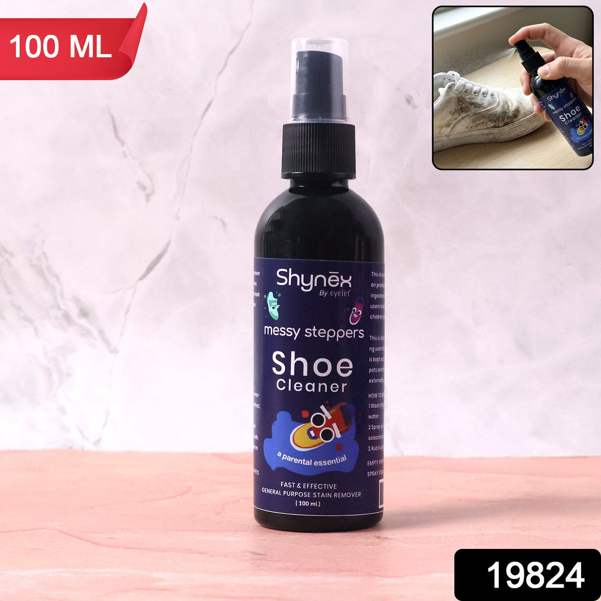 A Shynex shoe cleaner bottle stands upright with a 100ml label and a small inset of a hand spraying a shoe.