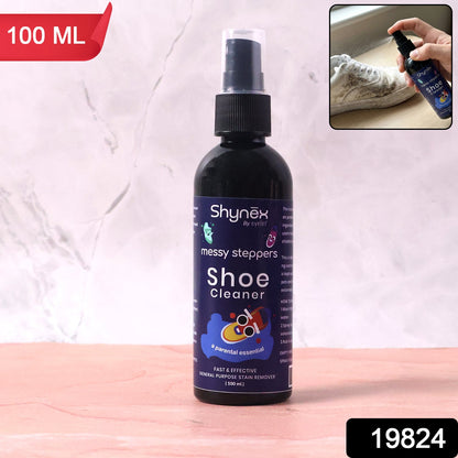 A Shynex shoe cleaner bottle stands upright with a 100ml label and a small inset of a hand spraying a shoe.