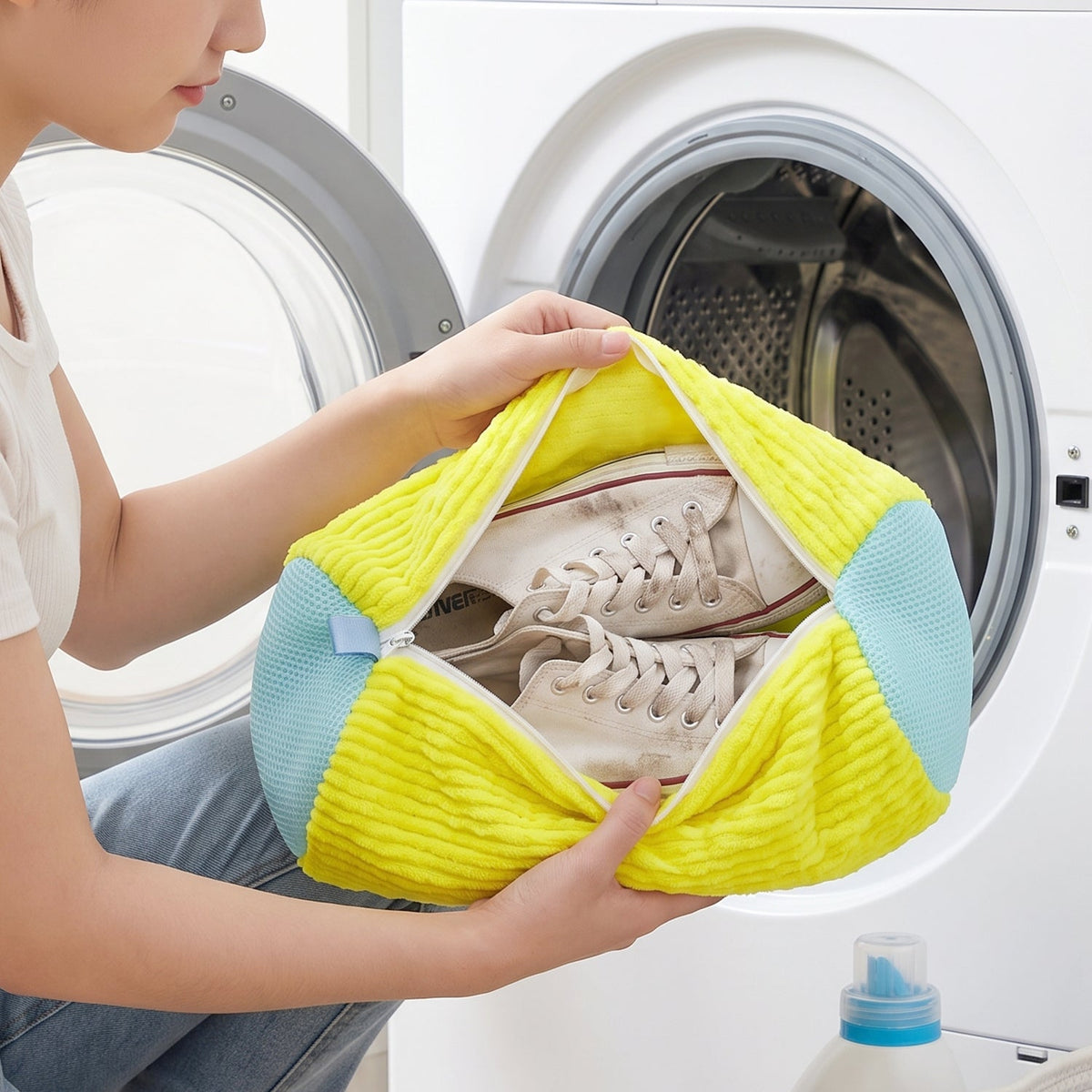 A person holding a yellow and blue shoe laundry bag with dirty white shoes inside, in front of an open washing machine.