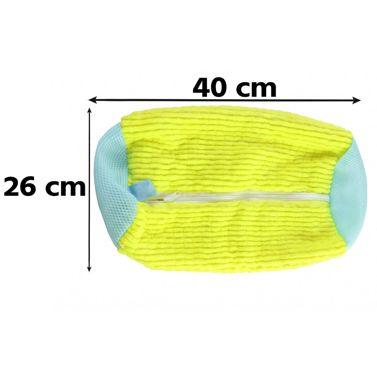 A yellow and blue shoe laundry bag with dimensions of 40 cm length and 26 cm width indicated by arrows.