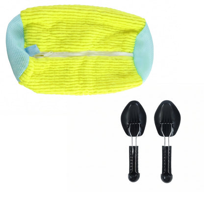 A yellow and blue shoe laundry bag and two black shoe supports on a white background.