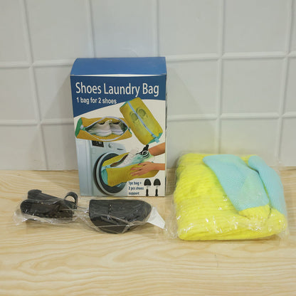 A blue box labeled "Shoes Laundry Bag" next to a packaged yellow and blue laundry bag and two packaged black shoe supports.