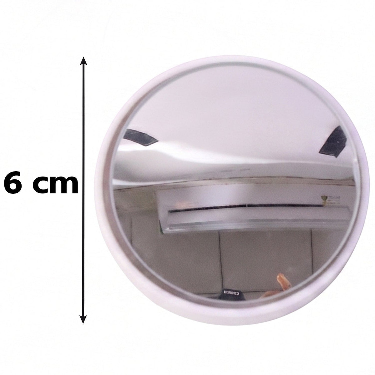 A single round convex mirror with a white frame, showing a 6 cm measurement indicator.