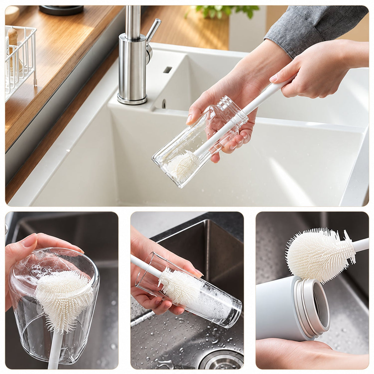A collage showing the white silicone brush cleaning various bottles and cups in a kitchen sink.