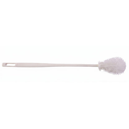 A long, white silicone bottle cleaning brush with a textured head and a hanging hole on a white background.