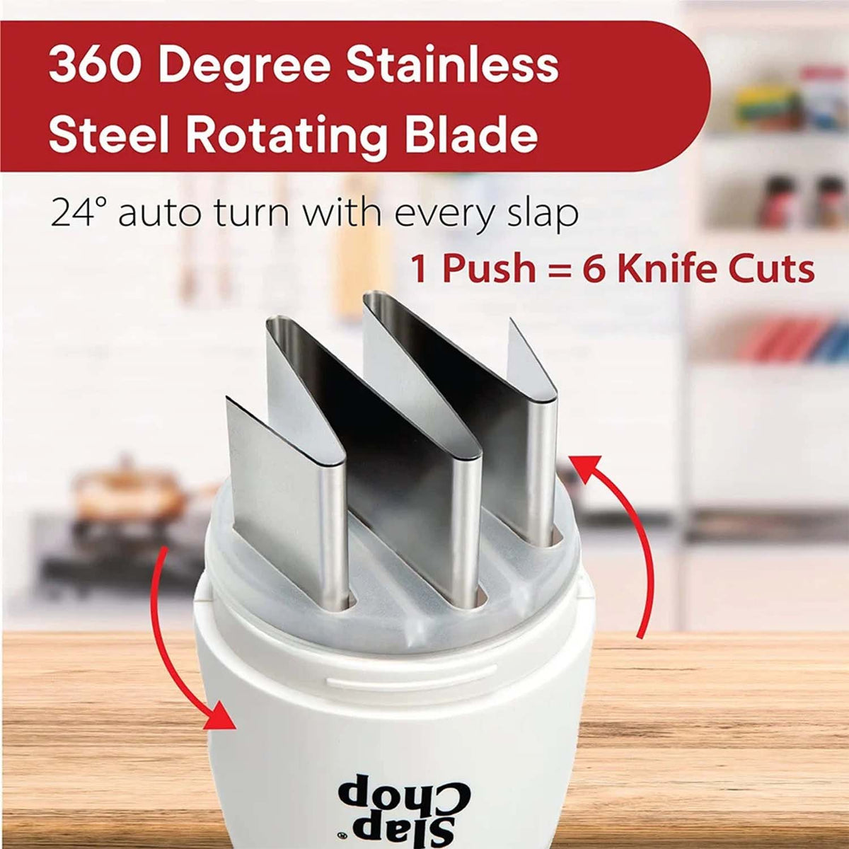 A close-up view of the manual food chopper's three stainless steel blades, designed for 360-degree rotation, is displayed.