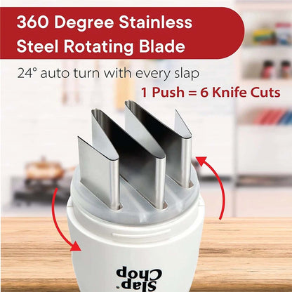 A close-up view of the manual food chopper's three stainless steel blades, designed for 360-degree rotation, is displayed.