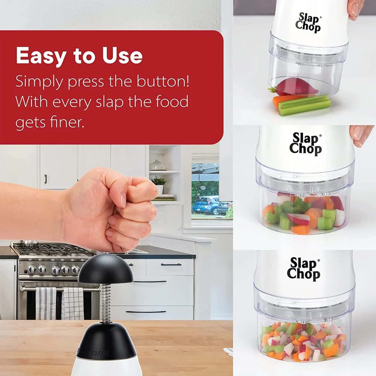 A collage demonstrates the manual food chopper in use, showing vegetables being chopped into progressively smaller pieces.