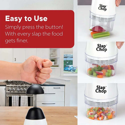 A collage demonstrates the manual food chopper in use, showing vegetables being chopped into progressively smaller pieces.