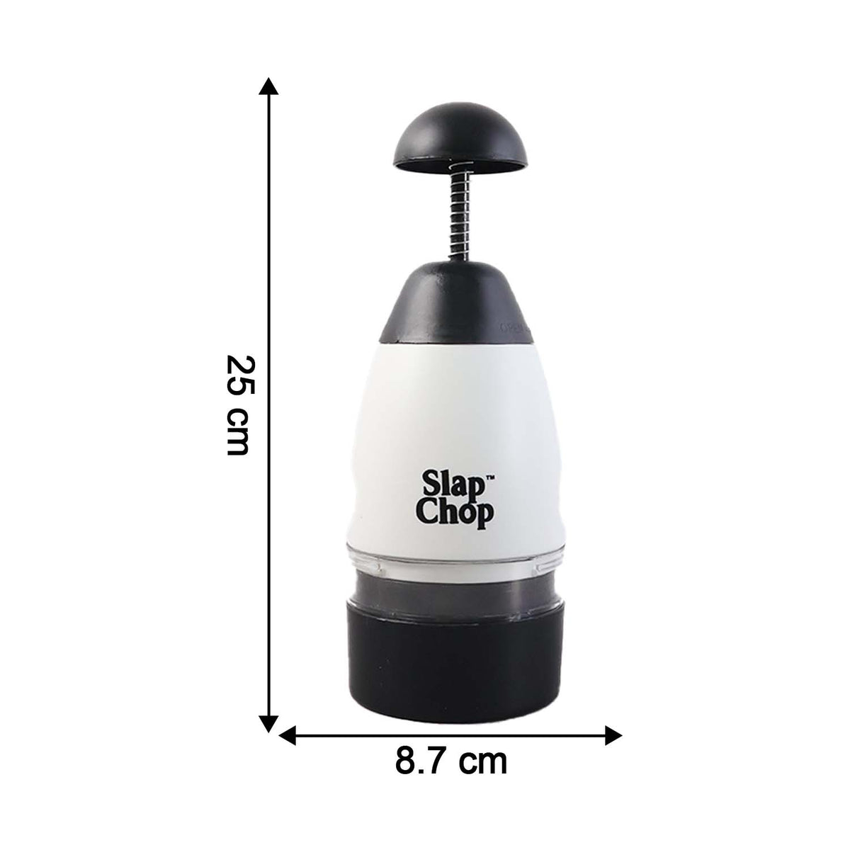 The white and black manual food chopper is shown with its dimensions, 25 cm in height and 8.7 cm in width, on a white