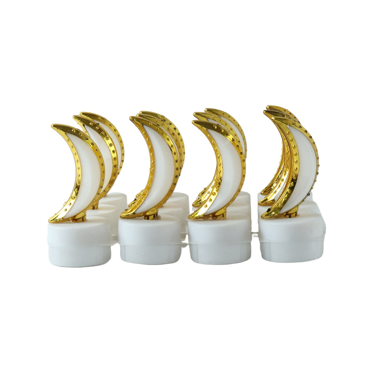 Eight golden crescent moon LED tealights on a white background, unlit and in two rows.