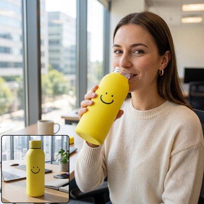 A woman in an office setting sips from a yellow glass water bottle with a smiley face on it