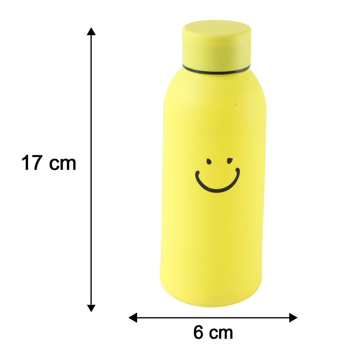 A yellow glass water bottle with a smiley face, showing its dimensions of 17 cm height and 6 cm width.