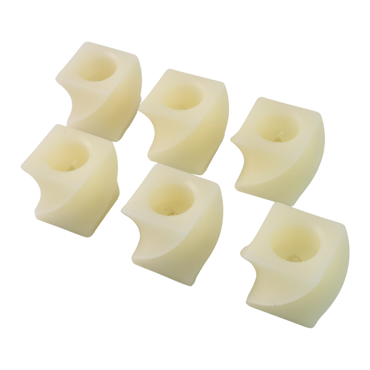 Six unlit cream-colored flameless LED candles with a twisted design are arranged on a white background.